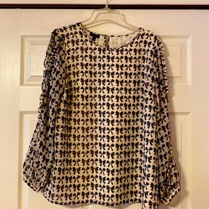 Talbots Bow Print Long Sleeve Blouse - Black on Cream